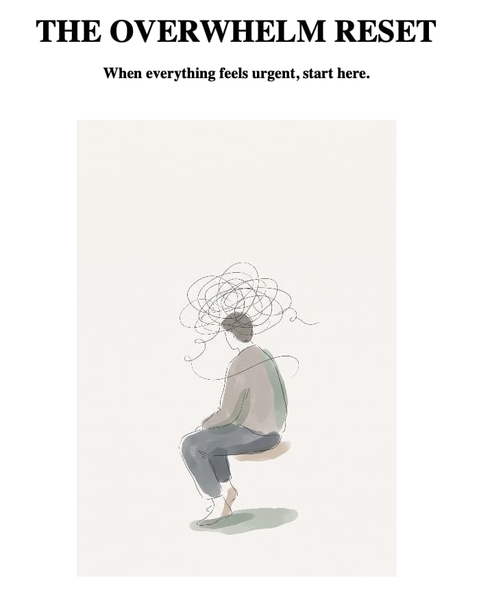 The Overwhelm Reset cover: a seated person with a tangled line above their head
